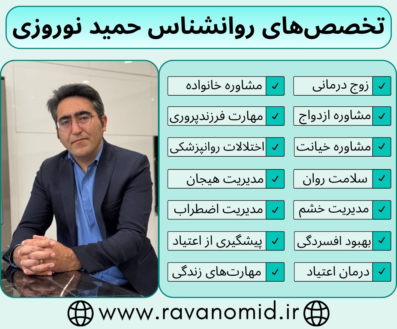 تخصصهای دکتر حمید نوروزی، روانشناس مرکز مشاوره خانواده روان امید