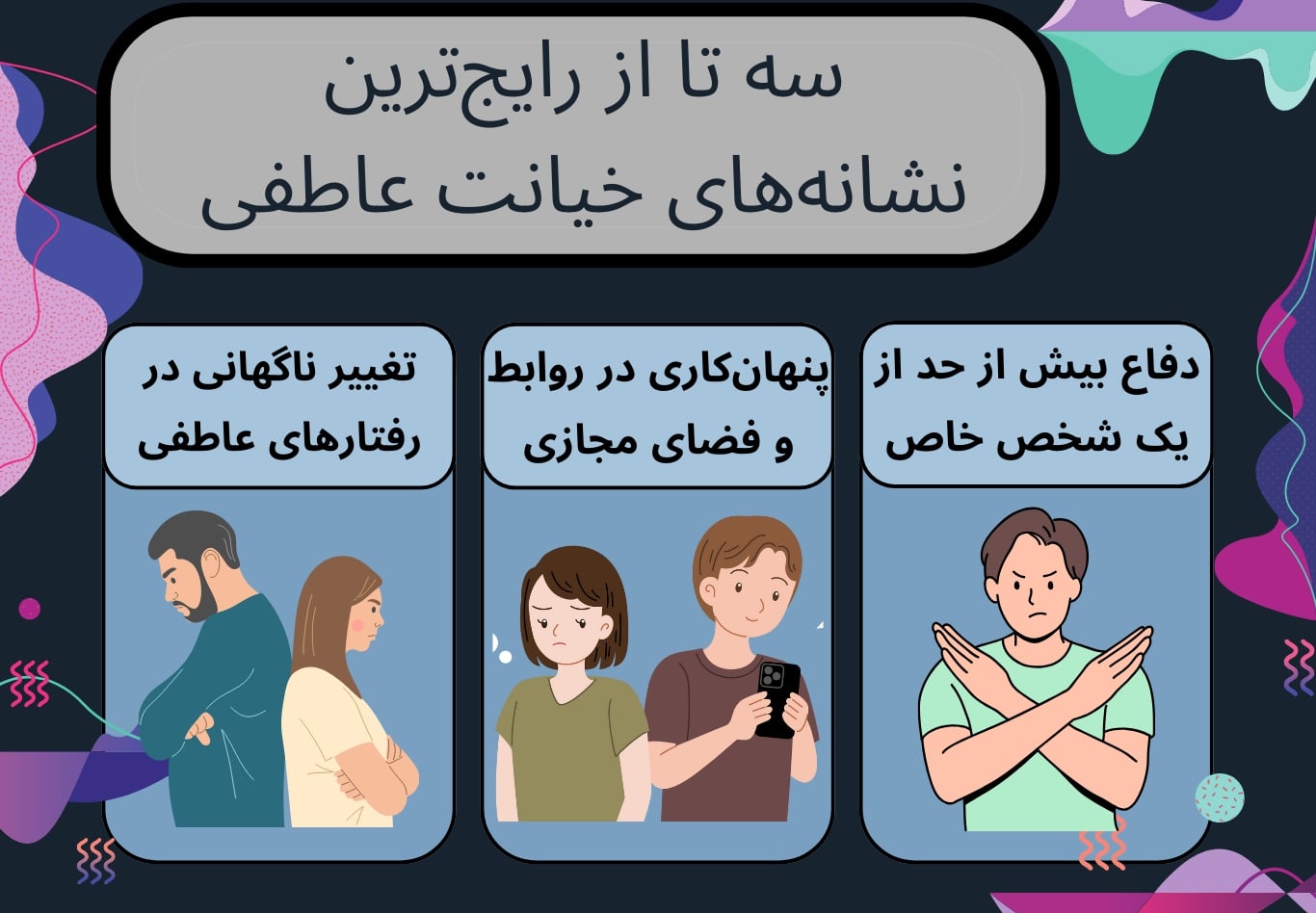 مخفیکاری، دفاع زیاد از شخص خاص و تغییر در روابط عاطفی سه تا از رایجترین نشانههای خیانت عاطفی است.