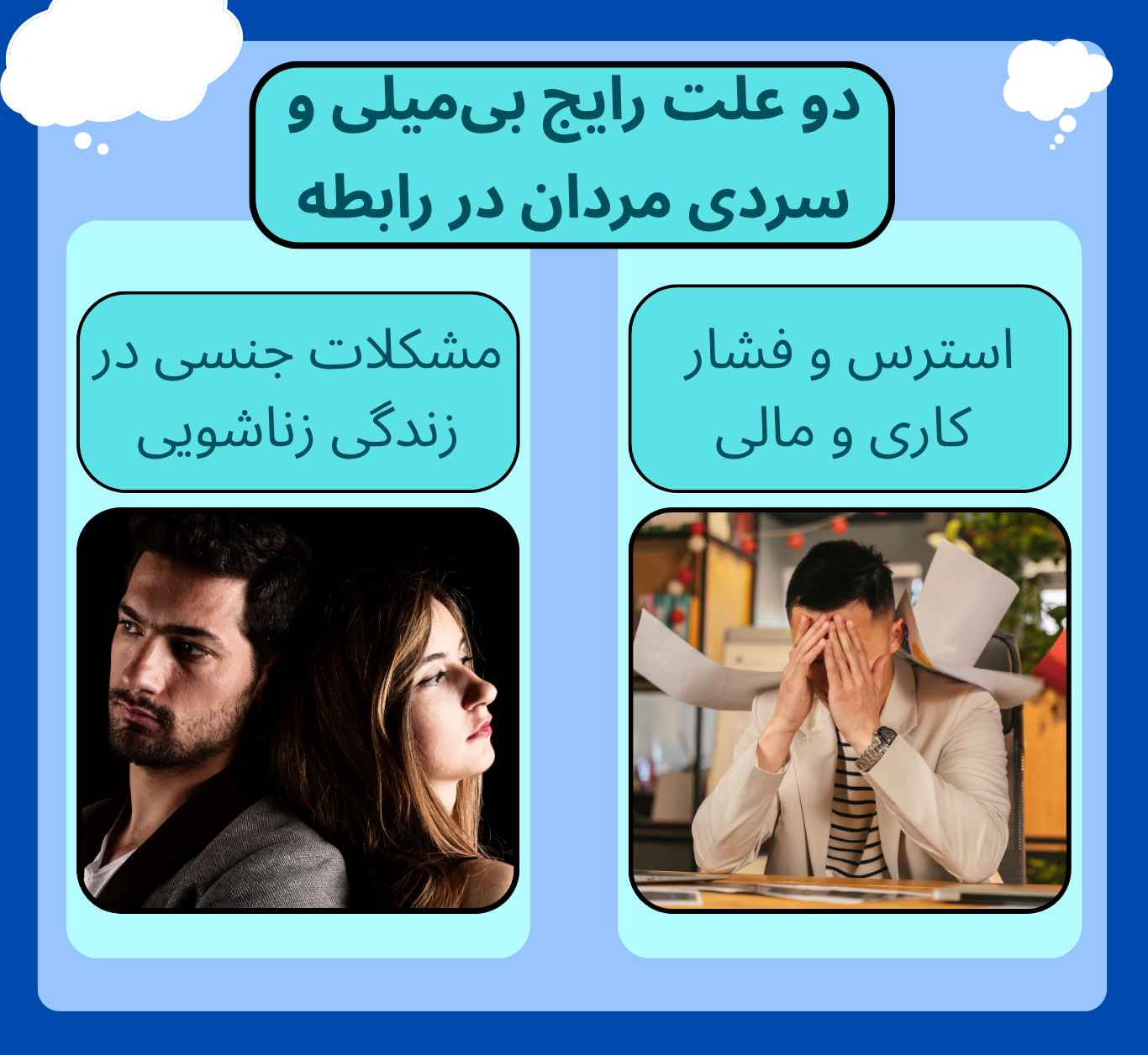 دو علت رایج بیمیلی و سردی مردان در رابطه فشار کاری و مالی در زندگی و مشکلات جنسی در زندگی زناشویی است.